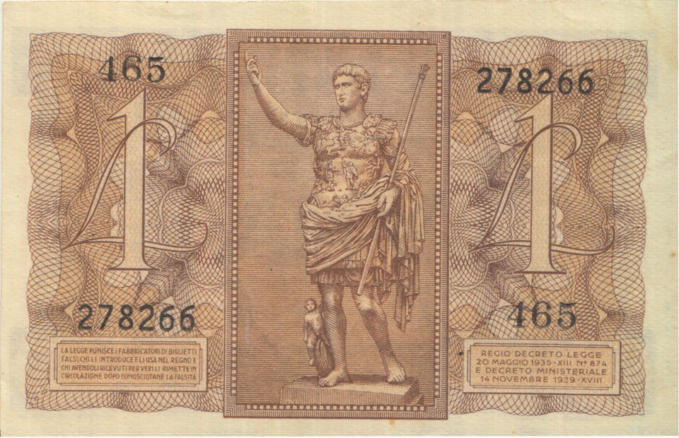 1939 BANK OF ITALY ONE LIRE BANKNOTE REF 1263 - World Banknotes - Cambridgeshire Coins