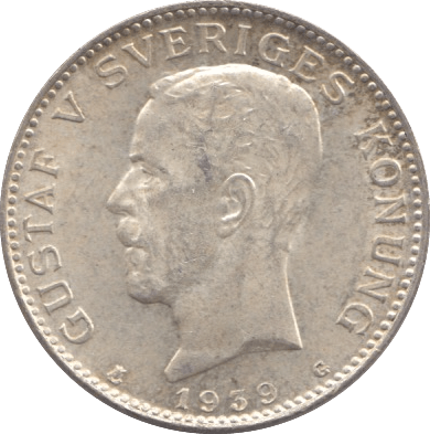 1939 SILVER 1 KRONA SWEDEN - SILVER WORLD COINS - Cambridgeshire Coins