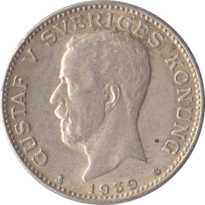 1939 SILVER 1 KRONA SWEDEN - SILVER WORLD COINS - Cambridgeshire Coins