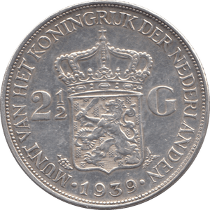 1939 SILVER 2 1/2 GULDEN NETHERLANDS - SILVER WORLD COINS - Cambridgeshire Coins