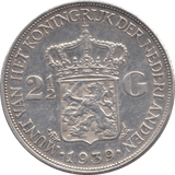 1939 SILVER 2 1/2 GULDEN NETHERLANDS - SILVER WORLD COINS - Cambridgeshire Coins