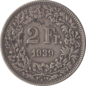 1939 SILVER 2 FRANCS SWITZERLAND - SILVER WORLD COINS - Cambridgeshire Coins