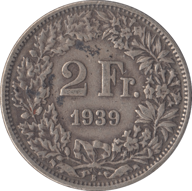1939 SILVER 2 FRANCS SWITZERLAND - SILVER WORLD COINS - Cambridgeshire Coins