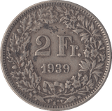 1939 SILVER 2 FRANCS SWITZERLAND - SILVER WORLD COINS - Cambridgeshire Coins