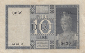 1939-XVIII 10 LIRE ITALY REF 1206 - World Banknotes - Cambridgeshire Coins