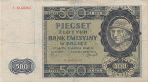 1940 500 ZLOTYCH BANKNOTE POLAND GERMAN OCCUPATION REF 1043 - World Banknotes - Cambridgeshire Coins