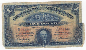 1940 COMMERCIAL BANK OF SCOTLAND £1 NOTE REF SCOT-43 - SCOTTISH BANKNOTES - Cambridgeshire Coins