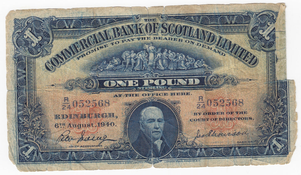 1940 COMMERCIAL BANK OF SCOTLAND £1 NOTE REF SCOT-43 - SCOTTISH BANKNOTES - Cambridgeshire Coins