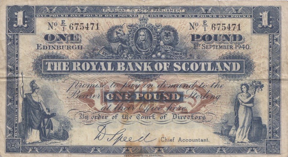 1940 ONE POUND SCOTTISH BANKNOTE REF SCOT-42 - SCOTTISH BANKNOTES - Cambridgeshire Coins