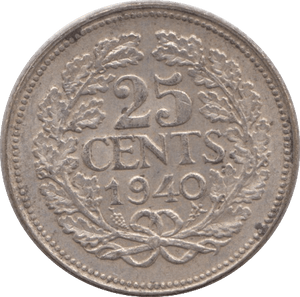 1940 SILVER 25 CENTS NETHERLANDS - SILVER WORLD COINS - Cambridgeshire Coins