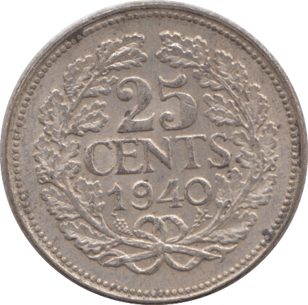 1940 SILVER 25 CENTS NETHERLANDS - SILVER WORLD COINS - Cambridgeshire Coins