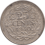 1940 SILVER 25 CENTS NETHERLANDS - SILVER WORLD COINS - Cambridgeshire Coins