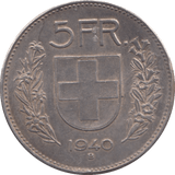 1940 SILVER 5 FRANC SWITZERLAND - SILVER WORLD COINS - Cambridgeshire Coins