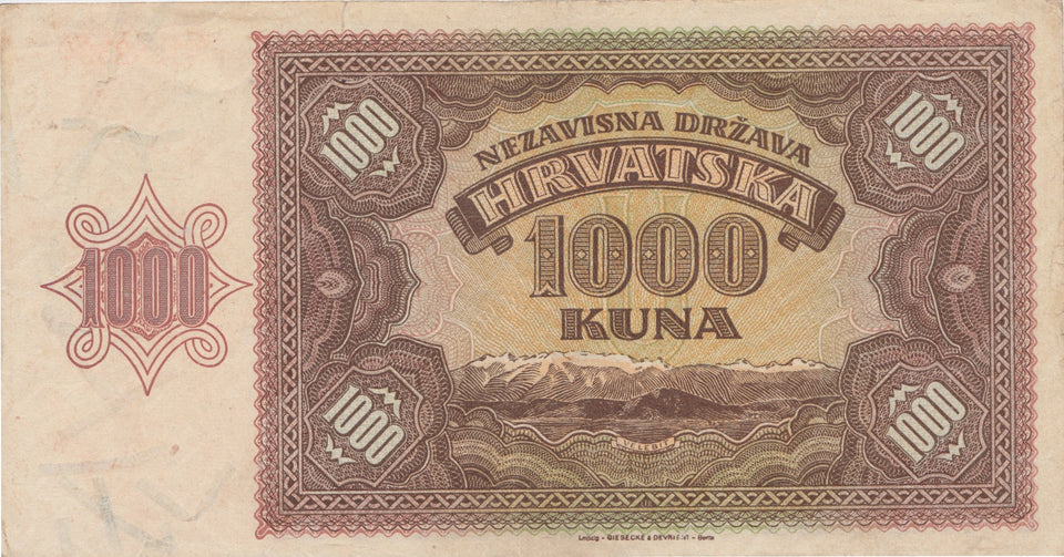 1941 1000 KUNA BANKNOTE NAZI STATE CROATIA REF 699 - World Banknotes - Cambridgeshire Coins