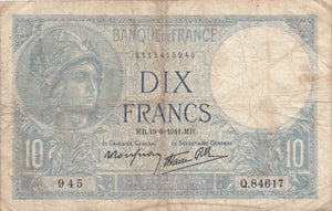 1941 BANQUE DE FRANCE DIX FRANCS REF 1208 - World Banknotes - Cambridgeshire Coins