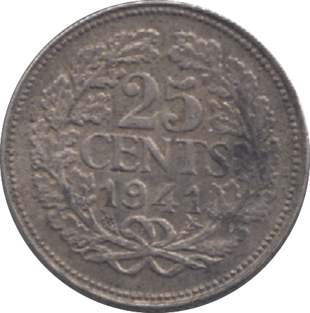 1941 NETHERLANDS 25 CENTS - WORLD COINS - Cambridgeshire Coins