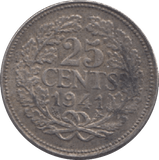 1941 NETHERLANDS 25 CENTS - WORLD COINS - Cambridgeshire Coins