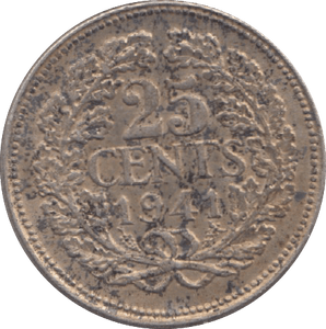 1941 NETHERLANDS SILVER 25 CENTS - WORLD SILVER COINS - Cambridgeshire Coins