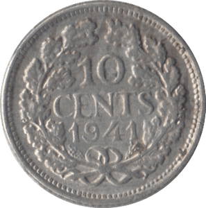 1941 SILVER 10 CENTS NETHERLANDS - SILVER WORLD COINS - Cambridgeshire Coins