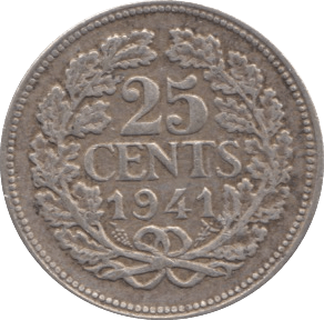 1941 SILVER 25 CENTS NETHERLANDS - SILVER WORLD COINS - Cambridgeshire Coins