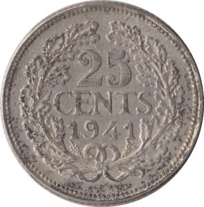 1941 SILVER 25 CENTS NETHERLANDS - SILVER WORLD COINS - Cambridgeshire Coins