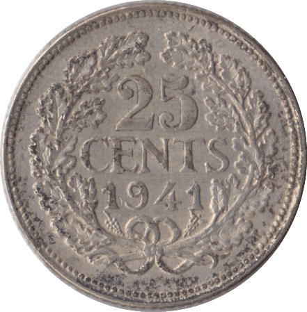 1941 SILVER 25 CENTS NETHERLANDS - SILVER WORLD COINS - Cambridgeshire Coins