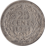 1941 SILVER 25 CENTS NETHERLANDS - SILVER WORLD COINS - Cambridgeshire Coins