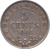 1941 SILVER 5 CENTS NEW FOUNDLAND - SILVER WORLD COINS - Cambridgeshire Coins