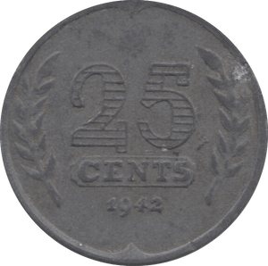 1942 25 CENTS NETHERLANDS - WORLD COINS - Cambridgeshire Coins