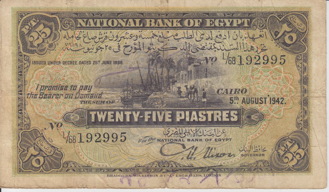 1942 25 PIASTRES NATIONAL BANK OF EGYPT EGYPT BANKNOTE REF 169 - World Banknotes - Cambridgeshire Coins