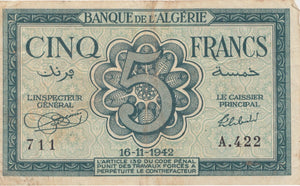 1942 5 FRANCS BANKNOTE ALGERIA REF 541 - World Banknotes - Cambridgeshire Coins
