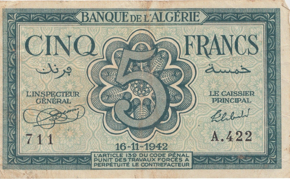1942 5 FRANCS BANKNOTE ALGERIA REF 541 - World Banknotes - Cambridgeshire Coins