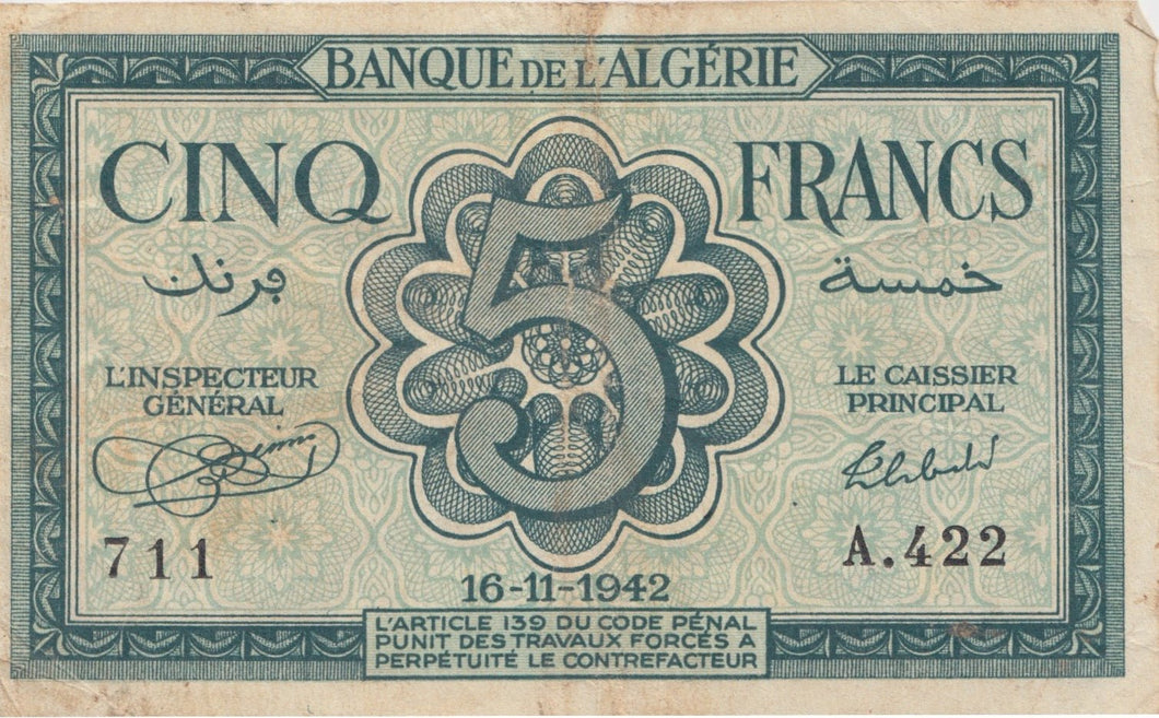 1942 5 FRANCS BANKNOTE ALGERIA REF 541 - World Banknotes - Cambridgeshire Coins