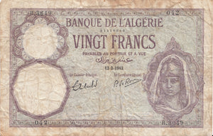 1942 BANQUE DE L'ALGERIE VINGT (20) FRANCS ALGERIA REF 1207 - World Banknotes - Cambridgeshire Coins