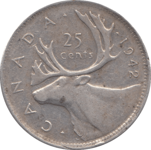 1942 SILVER 25 CENTS CANADA - SILVER WORLD COINS - Cambridgeshire Coins