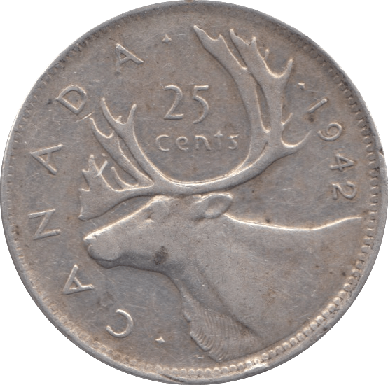 1942 SILVER 25 CENTS CANADA - SILVER WORLD COINS - Cambridgeshire Coins