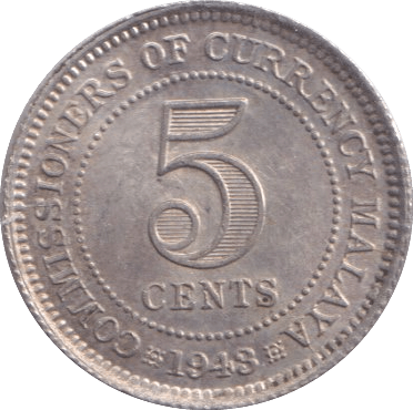 1943 5 CENTS MALAYA - WORLD COINS - Cambridgeshire Coins