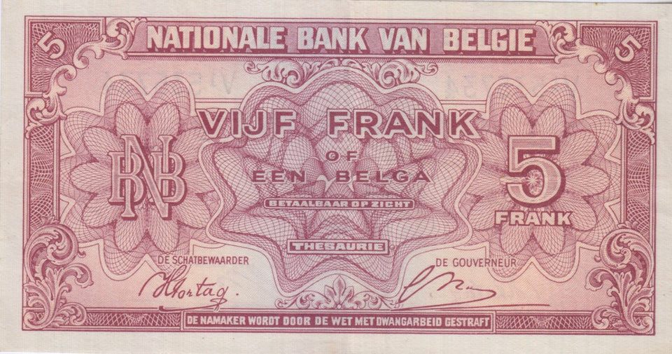 1943 5 FRANCS BANKNOTE BELGIUM REF 1468 - World Banknotes - Cambridgeshire Coins