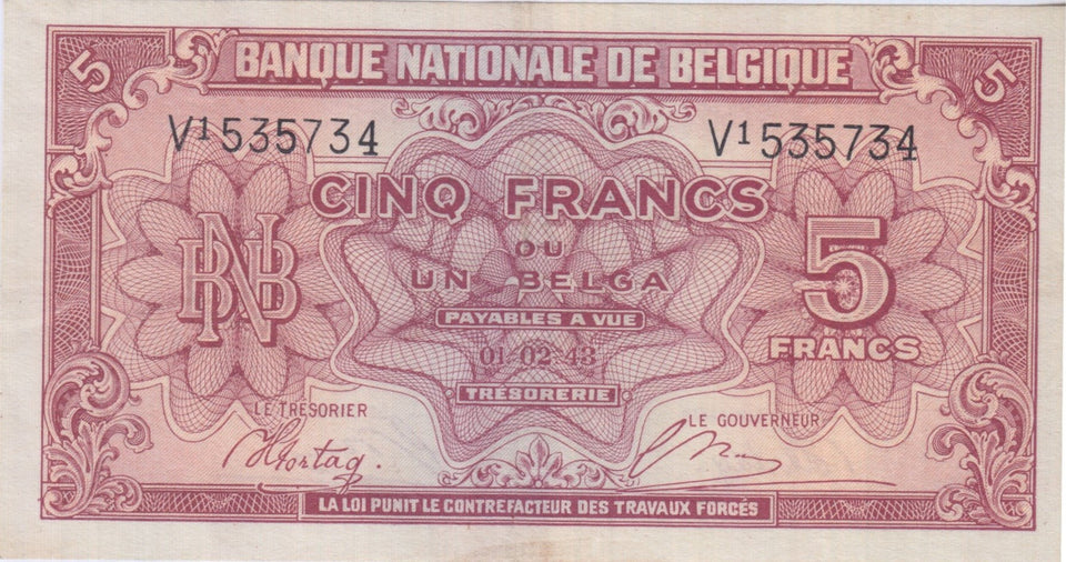 1943 5 FRANCS BANKNOTE BELGIUM REF 1468 - World Banknotes - Cambridgeshire Coins