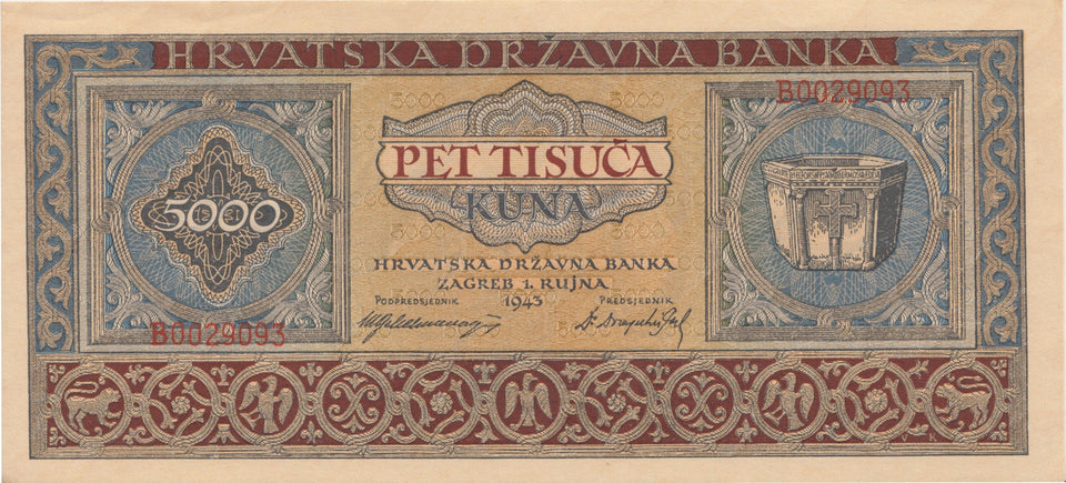 1943 5000 KUNA BANKNOTE NAZI STATE CROATIA REF 700 - World Banknotes - Cambridgeshire Coins