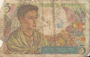 1943 BANK OF FRANCE 5 FRANCS BANKNOTE REF 1300 - World Banknotes - Cambridgeshire Coins