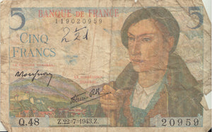 1943 BANK OF FRANCE 5 FRANCS BANKNOTE REF 1300 - World Banknotes - Cambridgeshire Coins
