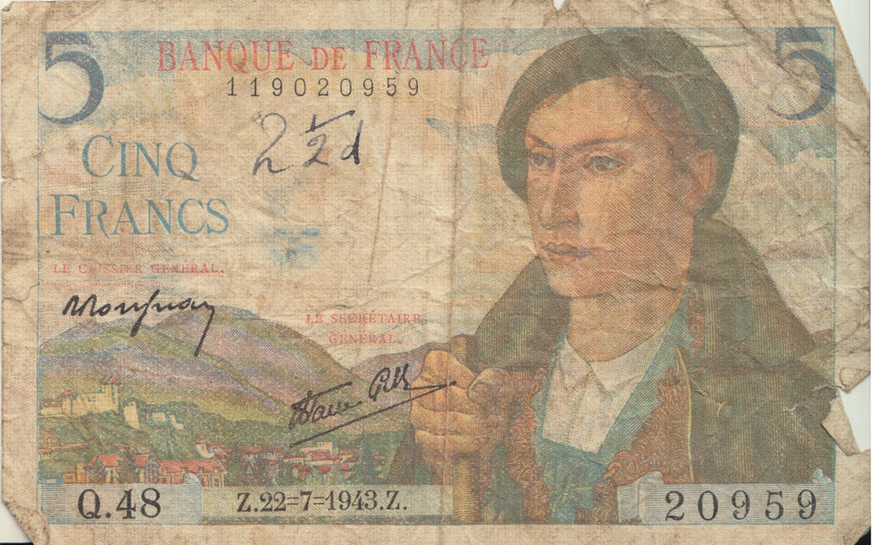 1943 BANK OF FRANCE 5 FRANCS BANKNOTE REF 1300 - World Banknotes - Cambridgeshire Coins