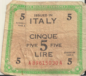 1943 BANK OF ITALY FIVE LIRE BANKNOTE REF 1261 - World Banknotes - Cambridgeshire Coins