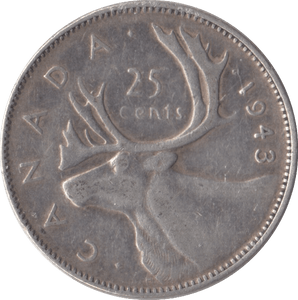 1943 CANADA SILVER 25 CENTS - SILVER WORLD COINS - Cambridgeshire Coins