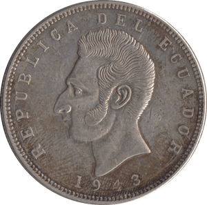 1943 SILVER 5 SUCRES ECUADOR REPUBLIC - SILVER WORLD COINS - Cambridgeshire Coins