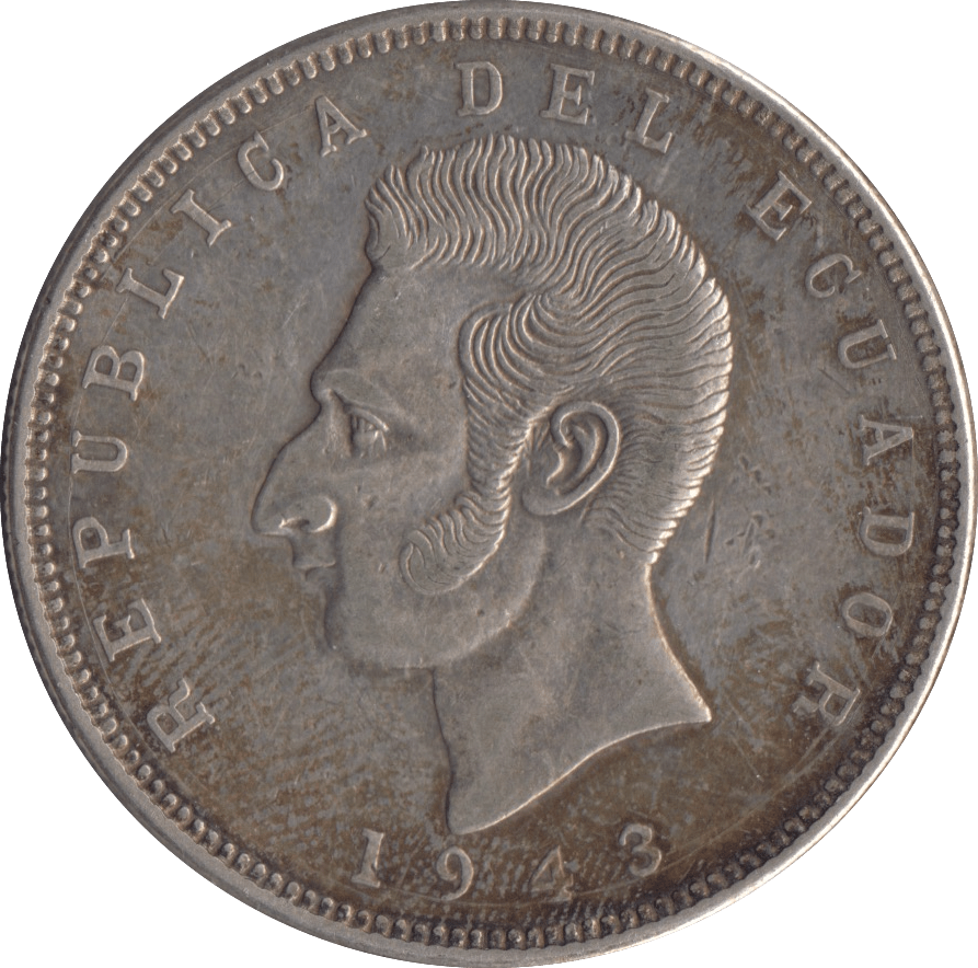 1943 SILVER 5 SUCRES ECUADOR REPUBLIC - SILVER WORLD COINS - Cambridgeshire Coins