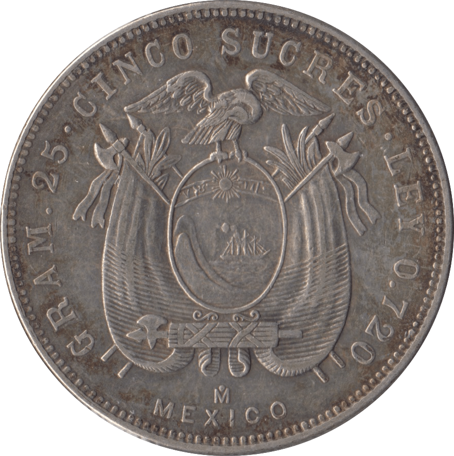 1943 SILVER 5 SUCRES ECUADOR REPUBLIC - SILVER WORLD COINS - Cambridgeshire Coins