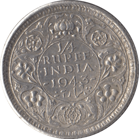 1943 SILVER INDIA 1/4 RUPEE - SILVER WORLD COINS - Cambridgeshire Coins