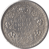 1943 SILVER INDIA 1/4 RUPEE - SILVER WORLD COINS - Cambridgeshire Coins